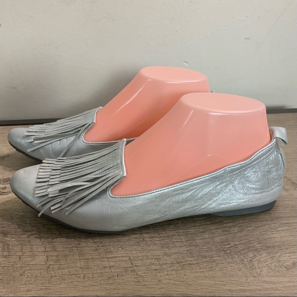 OQ Silver Metallic LEATHER Triple FRINGE Designer FLATS Shoes  37 - Picture 3 of 7